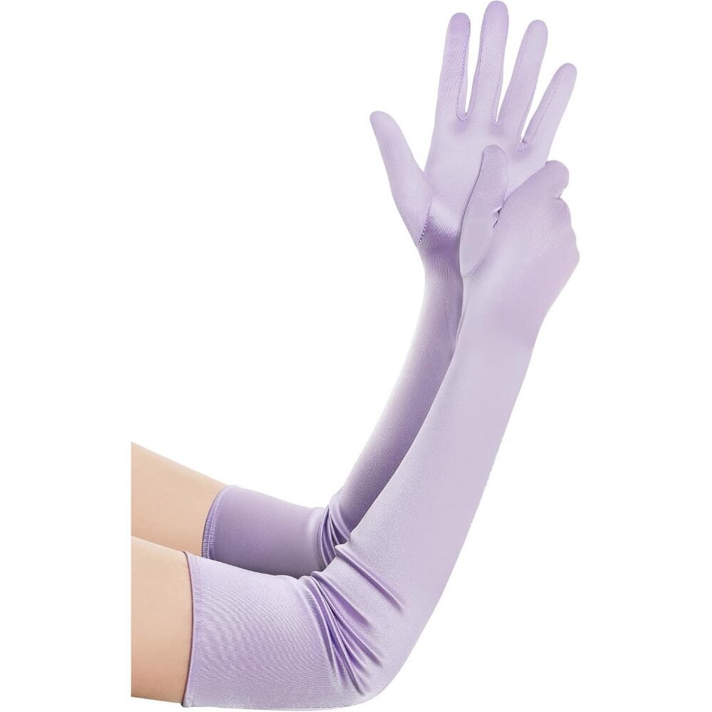 Women's Light Purple Vintage Satin Long Gloves Costume Stretchy Elbow Length